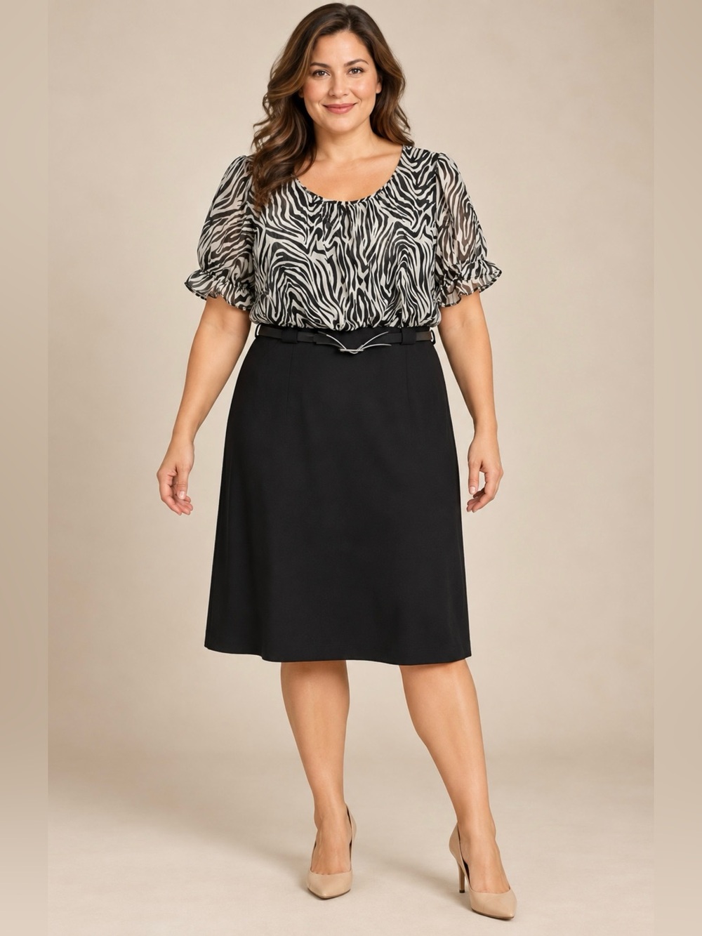 Connected Apparel vestido cebra blanco y negro con cinturón talla 12